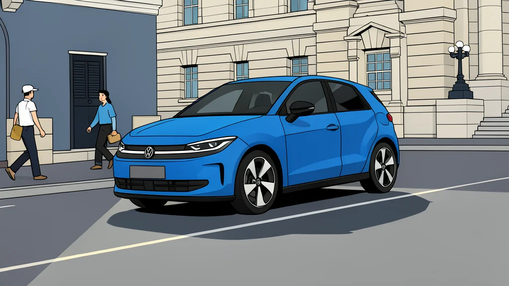 A modern electric hatchback parked on a quiet European street with a charging cable connected to a wall box