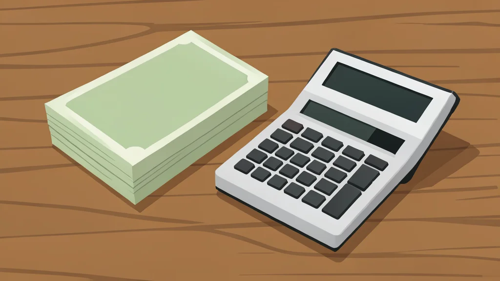 A stack of paper currency and a calculator on a wooden desk