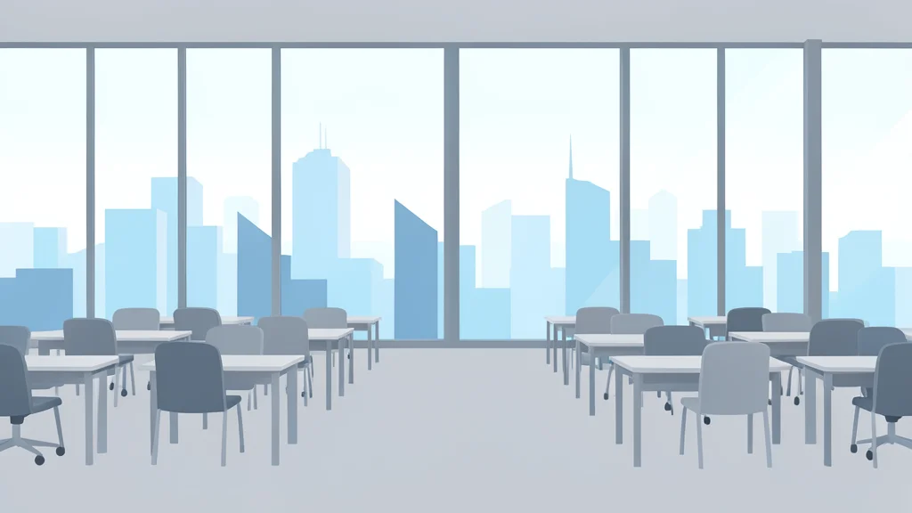 A calm, open trading floor with empty chairs and a view of a city skyline through large windows.