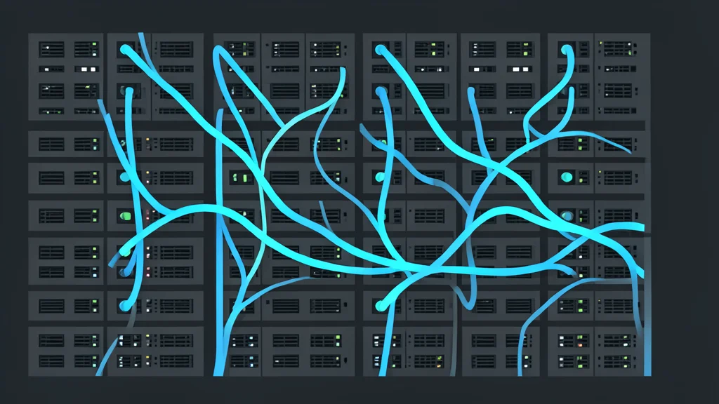A dense array of high-speed network switches with glowing fiber optic cables connecting them in a dark room