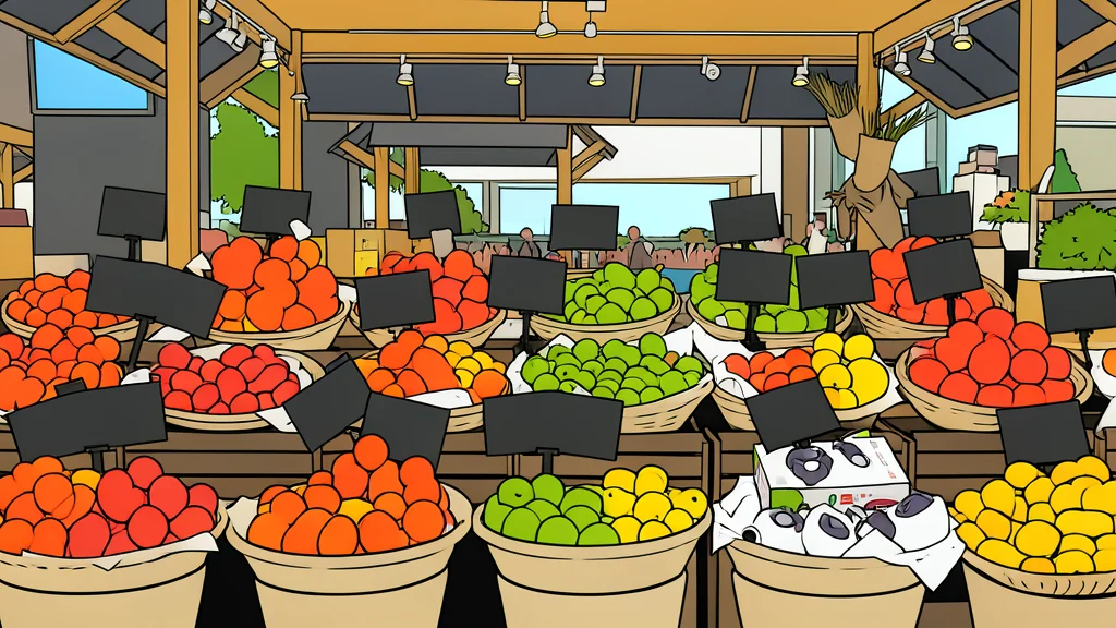 A modern grocery store aisle with shelves stocked with fresh produce and packaged goods
