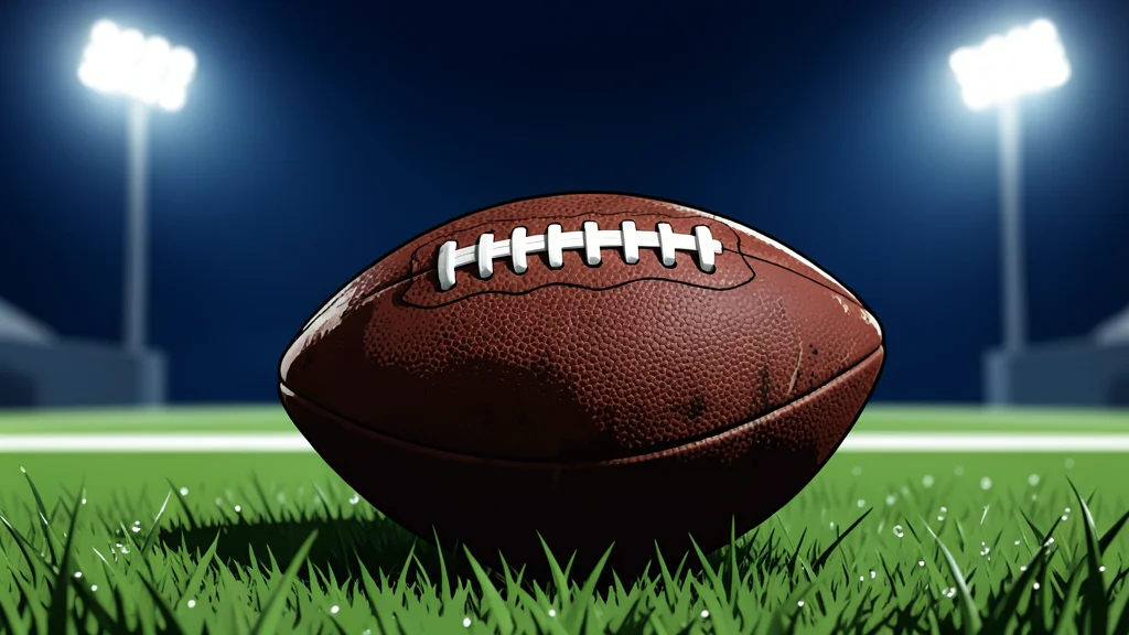 A green football field with white yard lines stretching into the distance under stadium lights