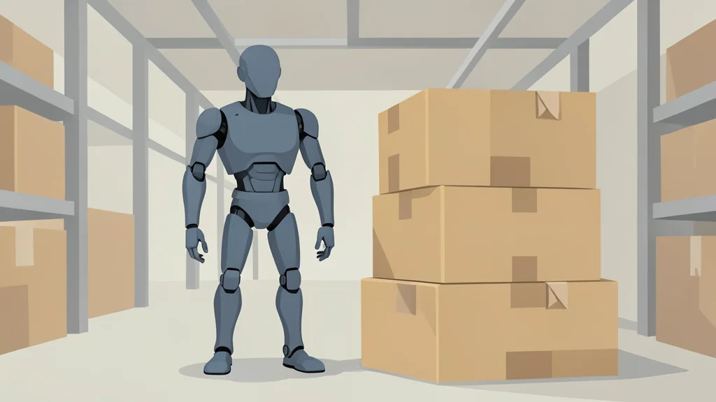 A bipedal robot standing in a warehouse aisle next to a stack of cardboard boxes