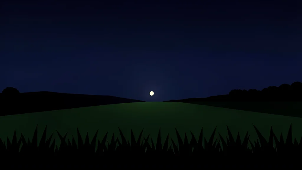A dark rural landscape at night with a single distant light source illuminating a field