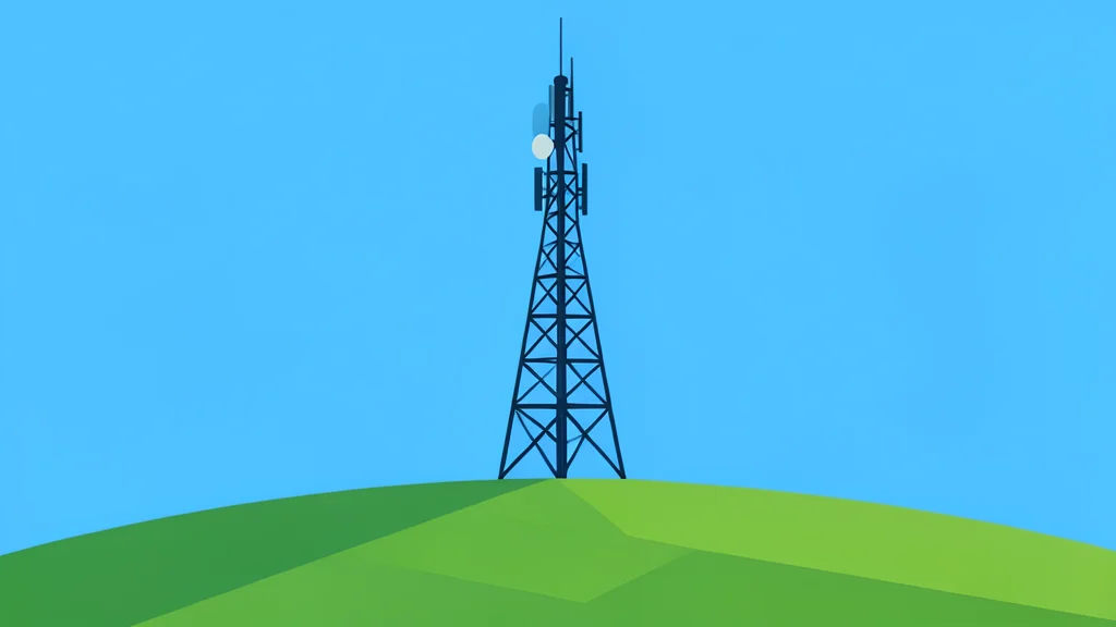 A telecommunications antenna tower standing on a grassy hill against a clear sky