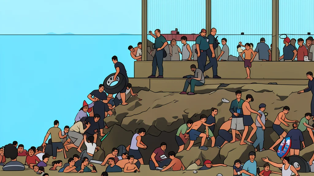 A stone border fence with a chain-link top overlooking a calm blue sea