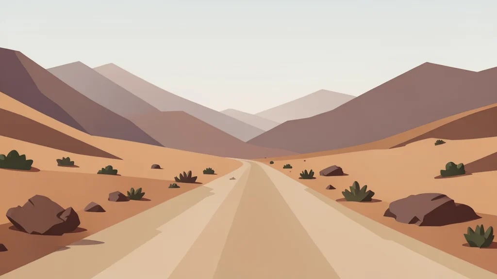 A dusty, unpaved road stretching through a dry, mountainous landscape under a hazy sky