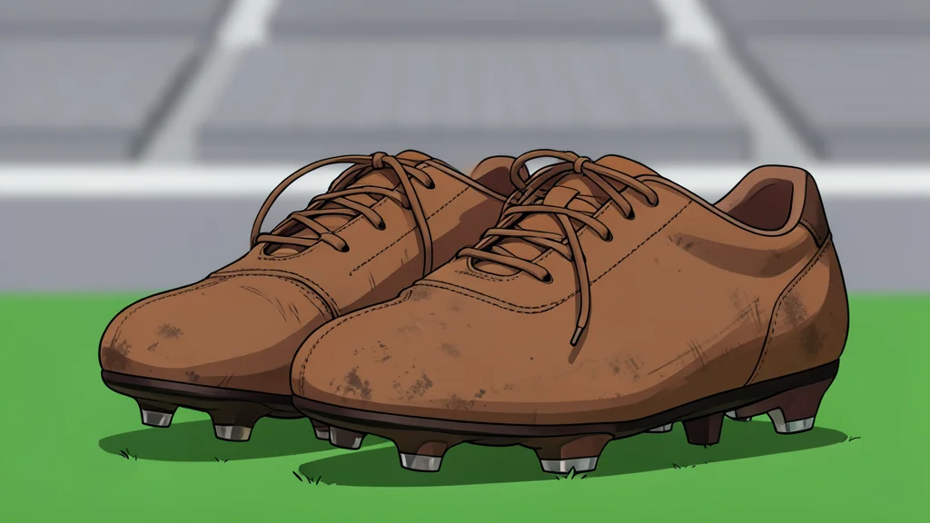 A worn leather football resting on green artificial turf
