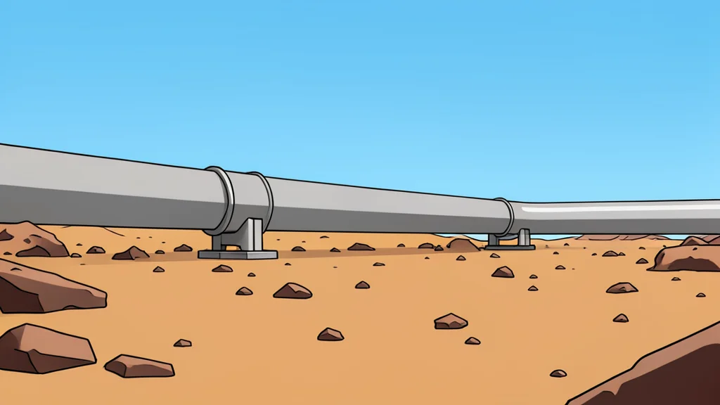 A long, metallic pipeline stretching across a dry, rocky desert landscape under a clear sky