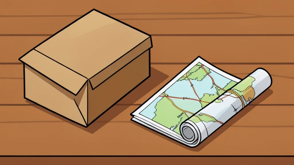 A stack of cardboard boxes and a rolled-up map on a wooden table