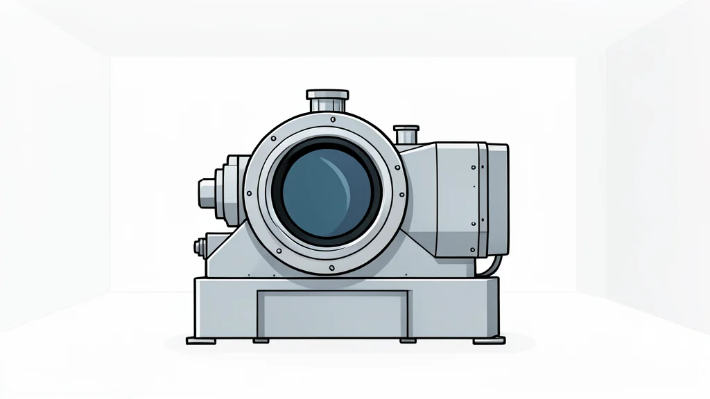 A complex industrial machine with a large circular lens assembly and metallic housing in a clean white room