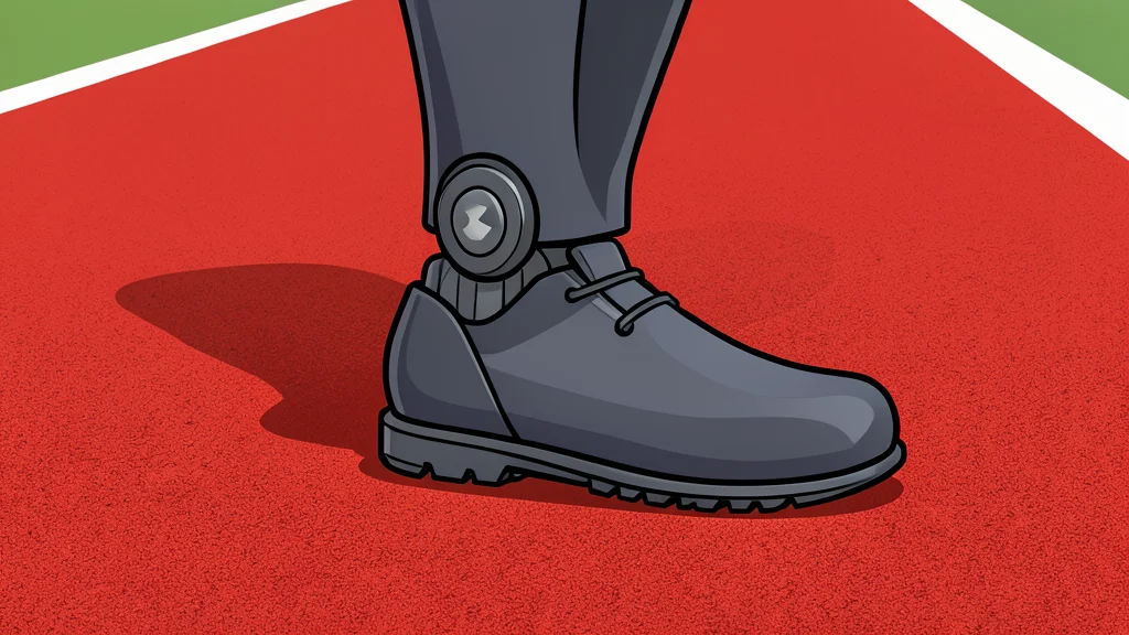 A stylized bipedal humanoid robot standing on a running track lane in a flat vector style.