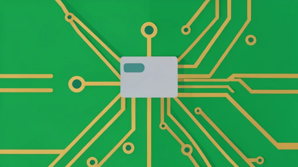A close-up view of a smartphone antenna module and intricate circuit board traces on a green substrate.