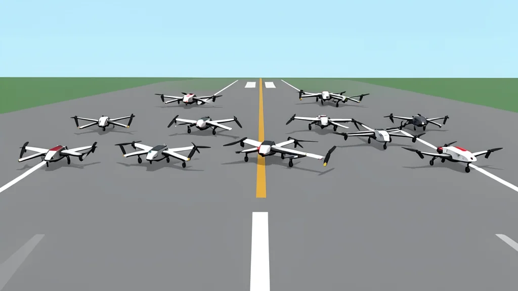 A cluster of small, fixed-wing unmanned aerial vehicles hovering over a paved airfield runway.