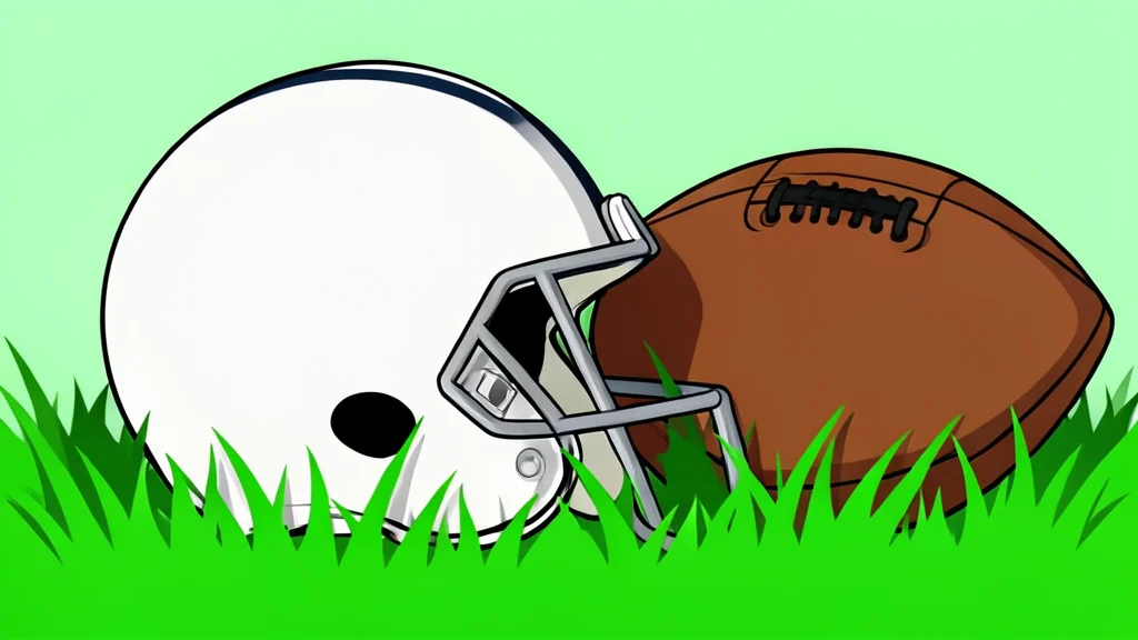 A white football helmet rests on green grass next to a brown leather football