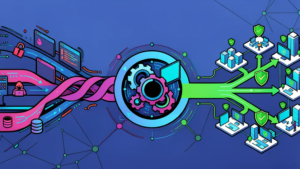 A stylized digital shield hovering in front of a server rack.