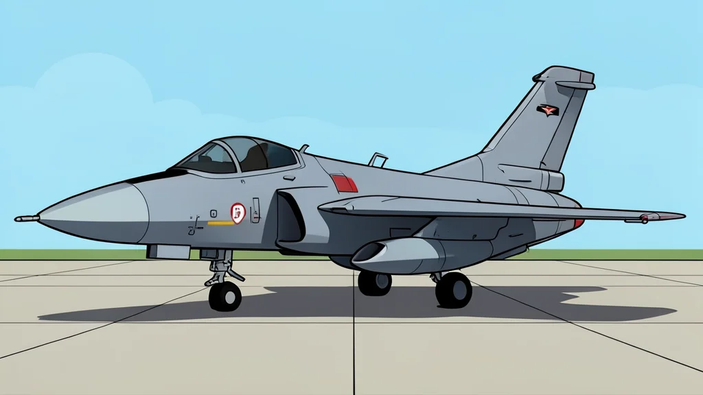 A flat vector illustration of a twin-engine military jet aircraft parked on a concrete tarmac at an airfield, viewed from a low angle with a clear sky background, no text or numbers visible.