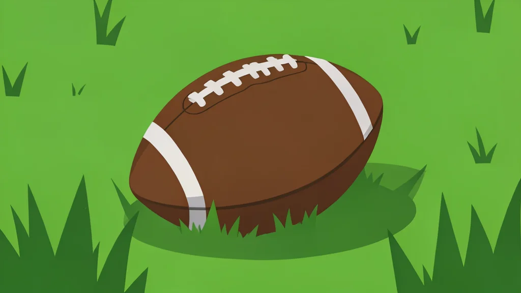 A worn leather football resting on a patch of green grass
