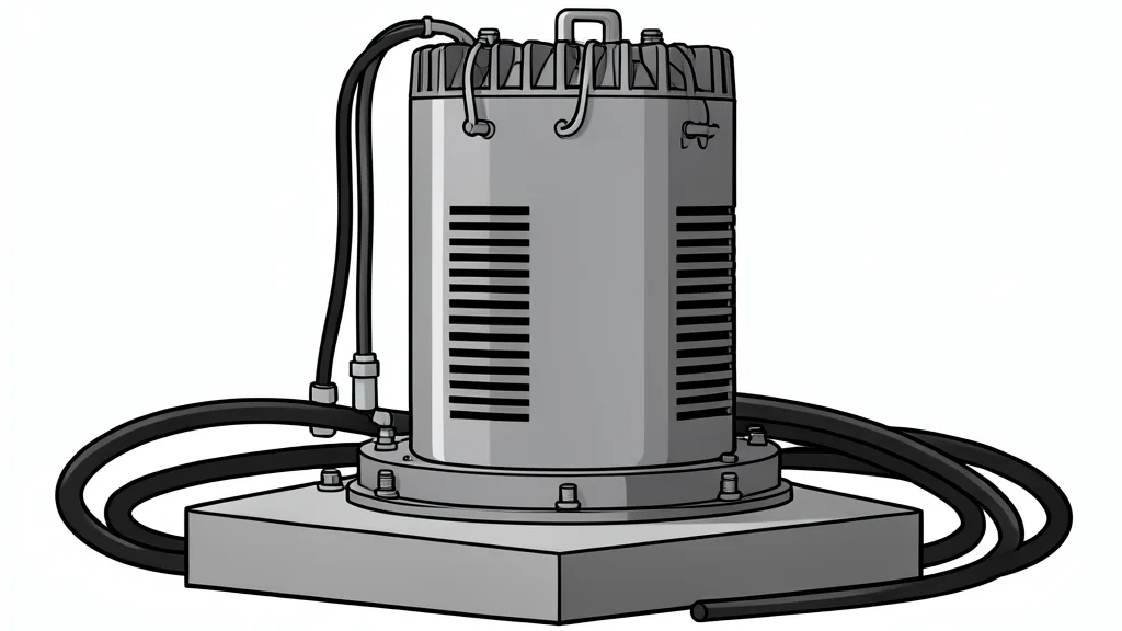 A flat-vector illustration of an industrial electrical substation featuring high-voltage transformers and power lines against a neutral background.