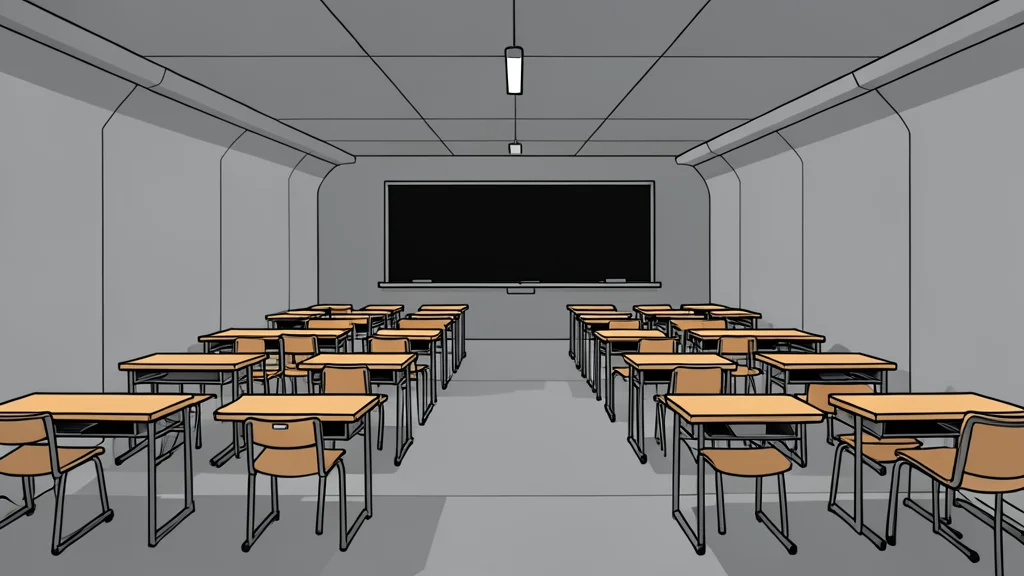 A classroom set up inside a concrete metro station tunnel with rows of small desks and a blackboard