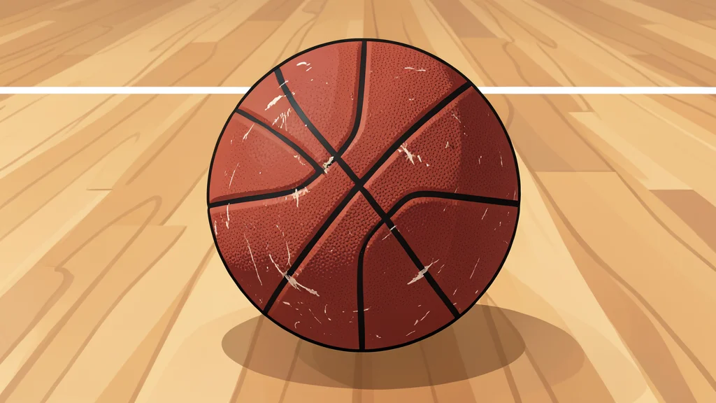 A basketball resting on a polished hardwood court surface