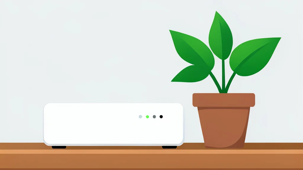 A white router with blinking indicator lights sitting on a wooden shelf next to a potted plant