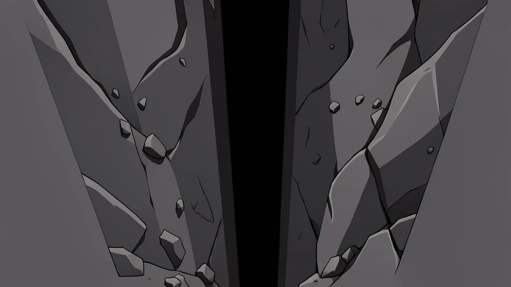 A dark, narrow vertical shaft descending into the earth surrounded by rough rock walls and scattered debris