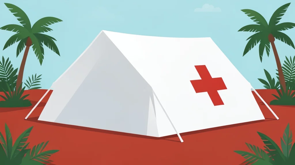 A white medical tent pitched on red earth with a red cross symbol on the side, surrounded by sparse tropical vegetation.