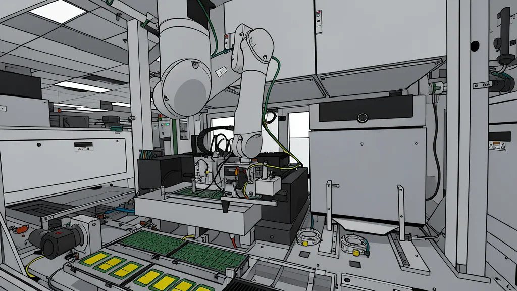 A complex optical lithography machine with a large, dark housing and intricate lens assemblies standing in a cleanroom environment.