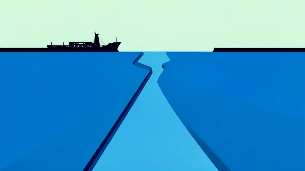 A flat vector illustration of a narrow waterway connecting two large bodies of water with a distant cargo ship silhouette.