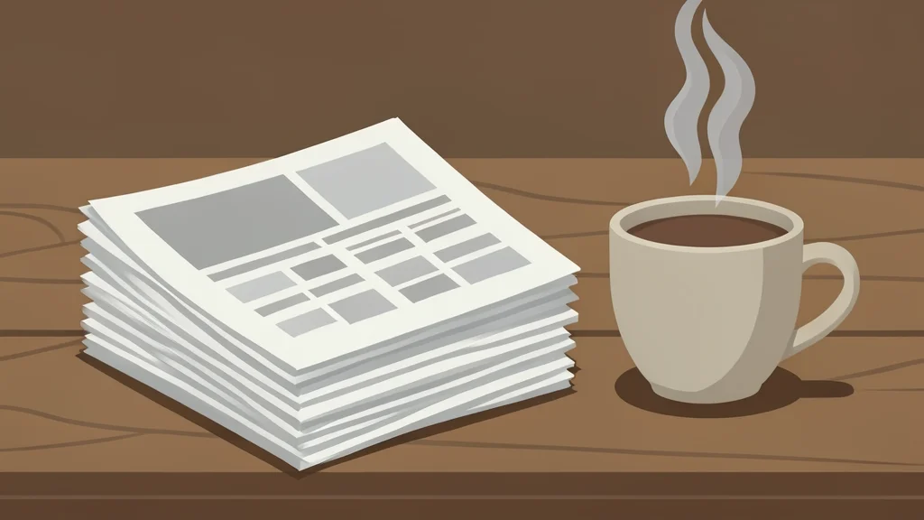 A stack of folded newspapers sitting on a wooden desk next to a steaming cup of coffee