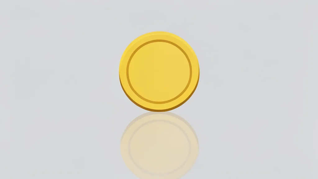 A digital coin resting on a smooth, reflective surface