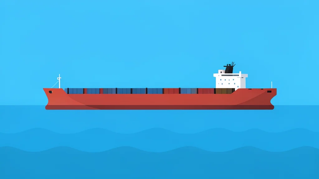 A calm harbor with a large cargo ship anchored in the distance under a clear sky