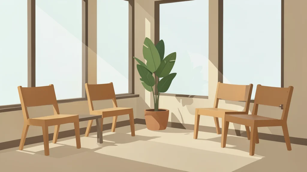 A quiet, sunlit reception center lobby with simple wooden chairs and a potted plant