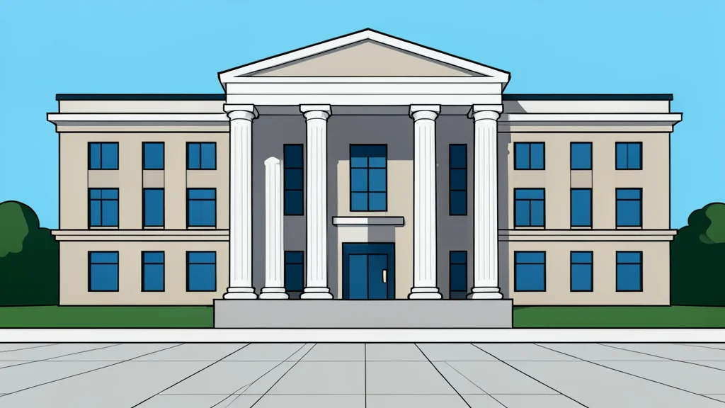 A modern courthouse facade with tall columns and a paved plaza in front.