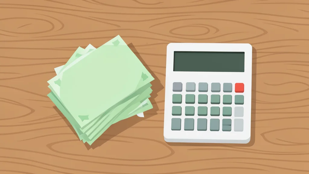 A stack of paper currency and a calculator on a wooden desk