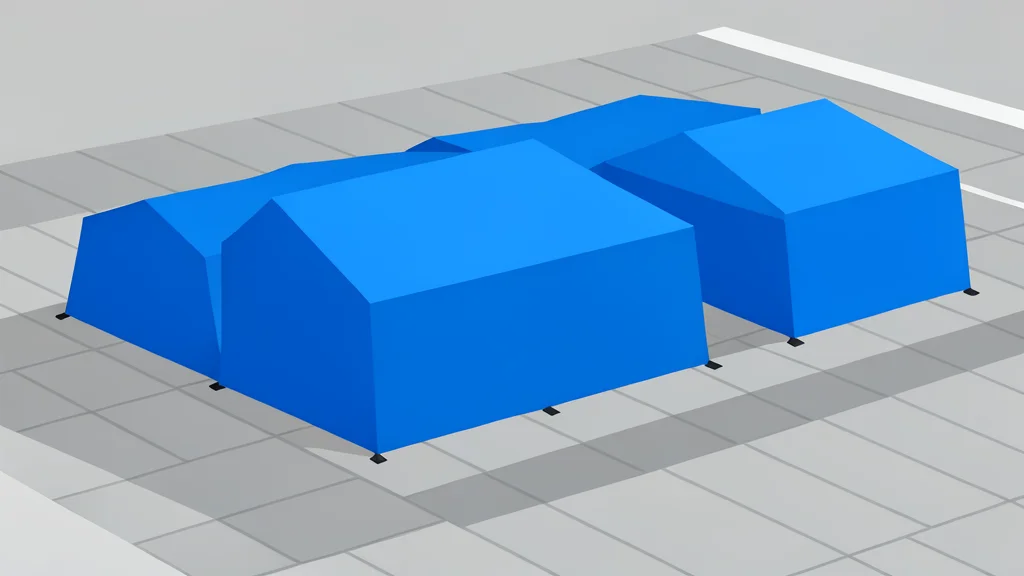 A row of blue plastic tents set up on a paved urban square