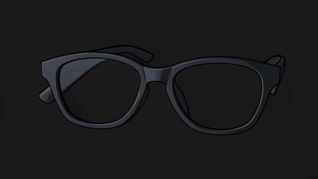 A pair of sleek, dark-framed eyeglasses with thick temples resting on a matte black surface