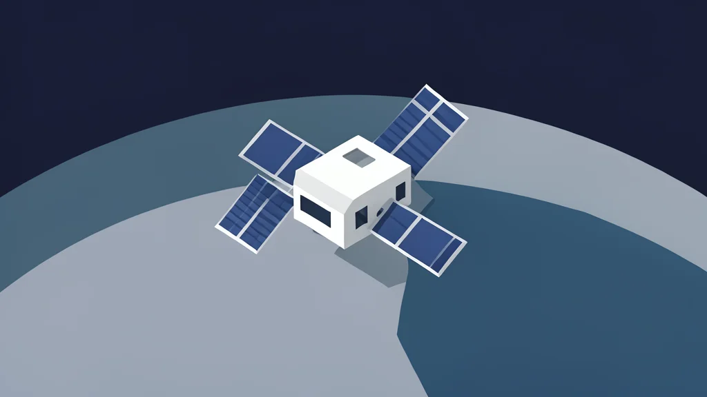 A small, boxy satellite with solar panels extending from its sides, floating against the blackness of space with Earth's horizon visible in the distance.