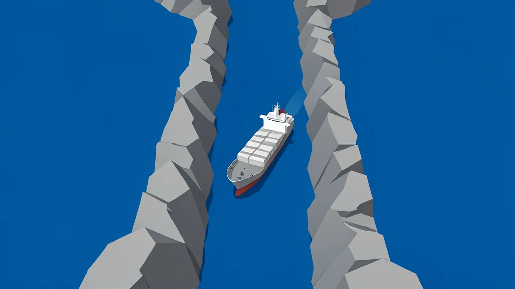 A flat vector illustration of a cargo ship navigating a narrow rocky strait between two large bodies of water.