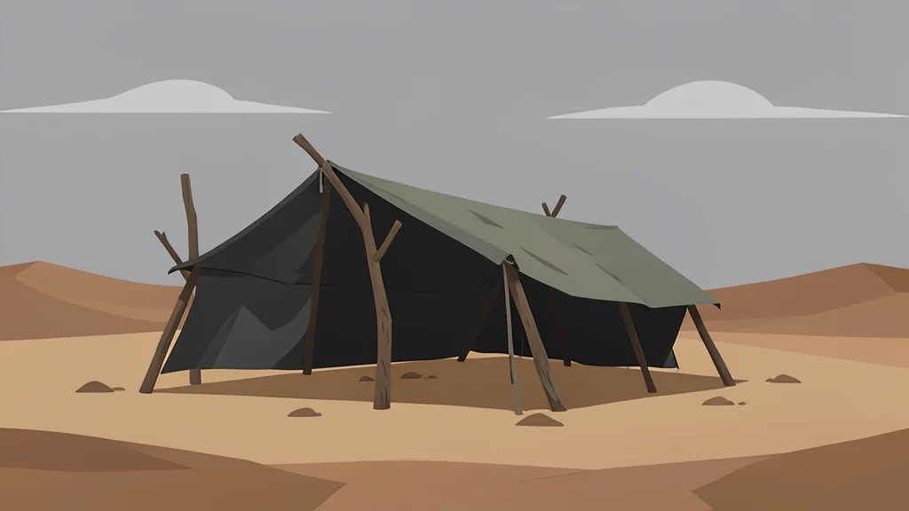 A dusty, arid landscape with a makeshift shelter made of tarps and wooden poles under a grey sky