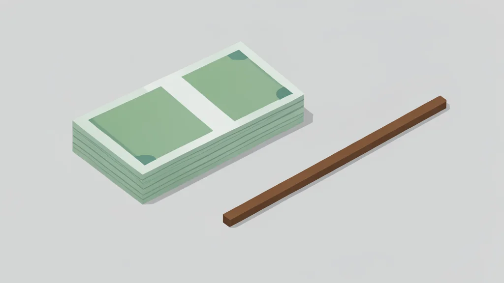 A stack of paper currency bills and a single long, thin wooden stick lying on a desk