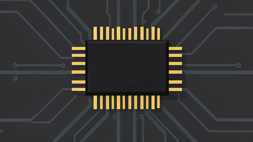 A close-up view of a black rectangular computer chip with gold contact pins, resting on a dark circuit board.