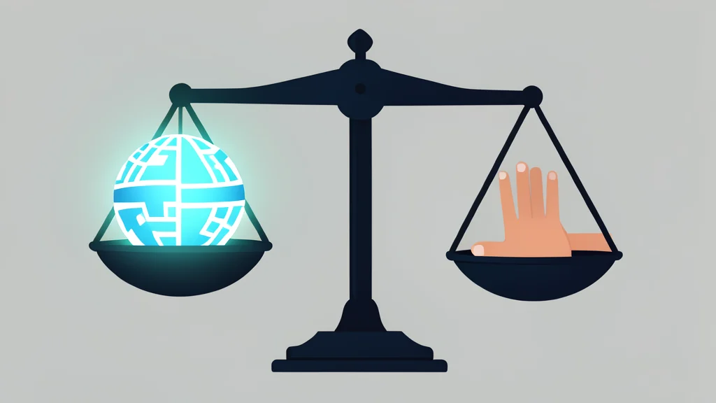 A balanced scale with one side holding a glowing digital orb and the other side holding a human hand
