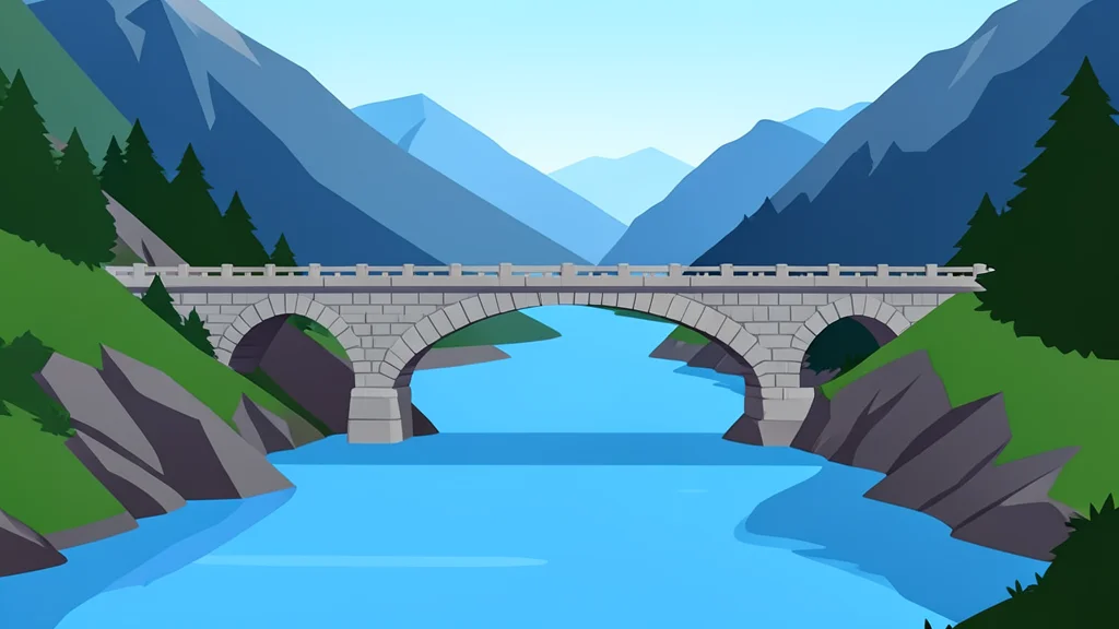 A stone bridge spanning a wide river in a mountainous valley
