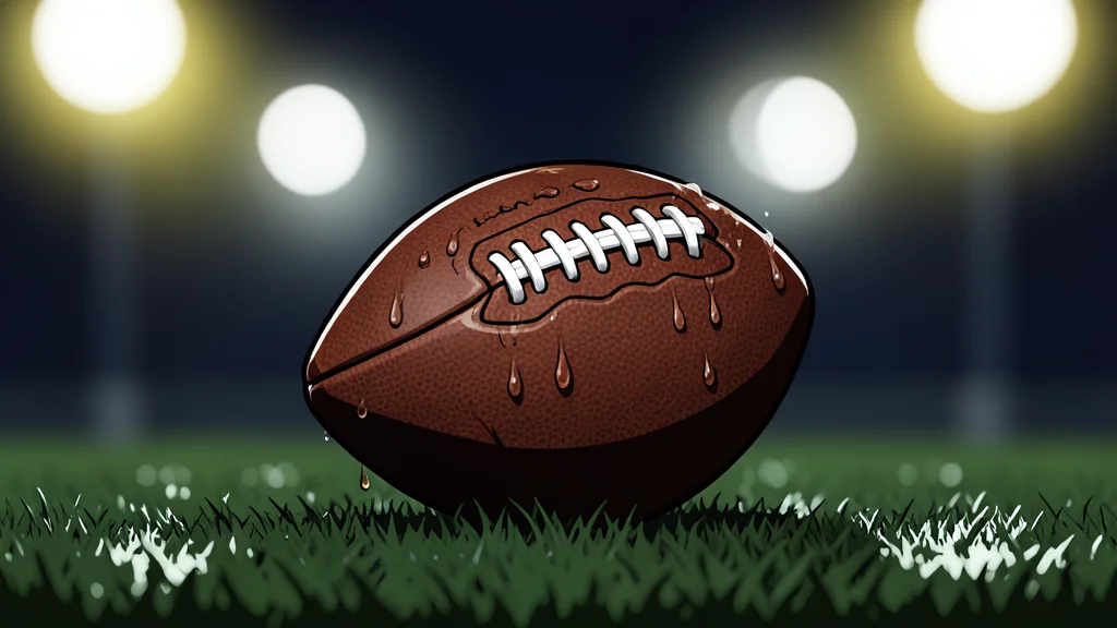 A green grass football field with white yard lines stretching into the distance under stadium lights.