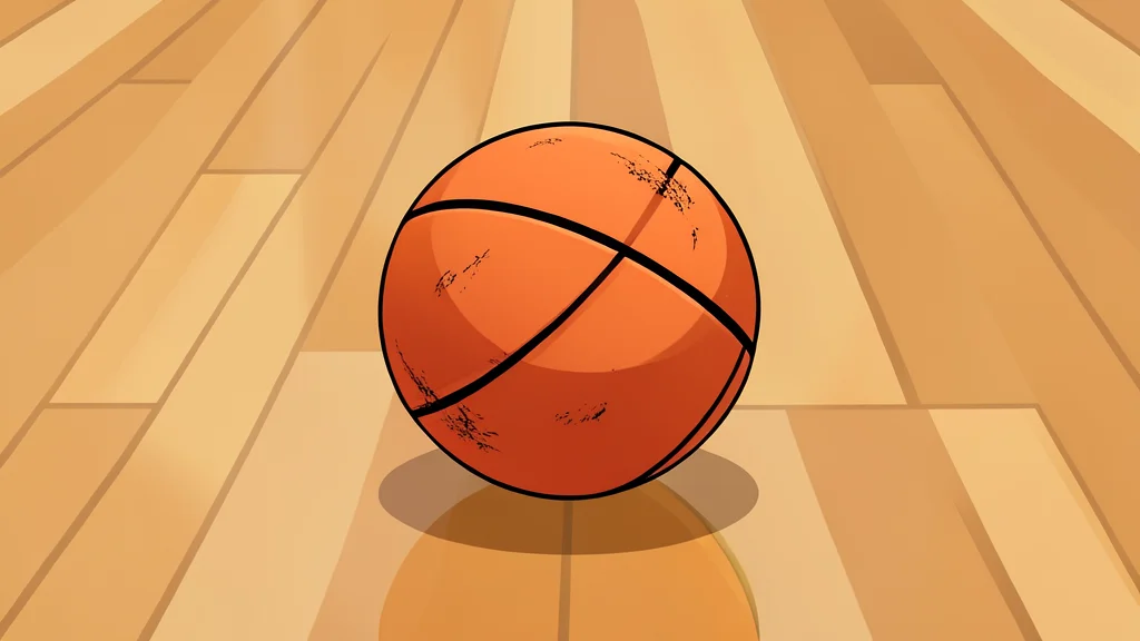 A polished hardwood basketball court with a single orange basketball resting near the center circle