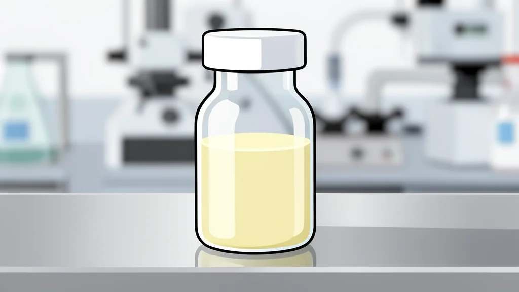 A glass vial containing a clear liquid standing on a white laboratory bench