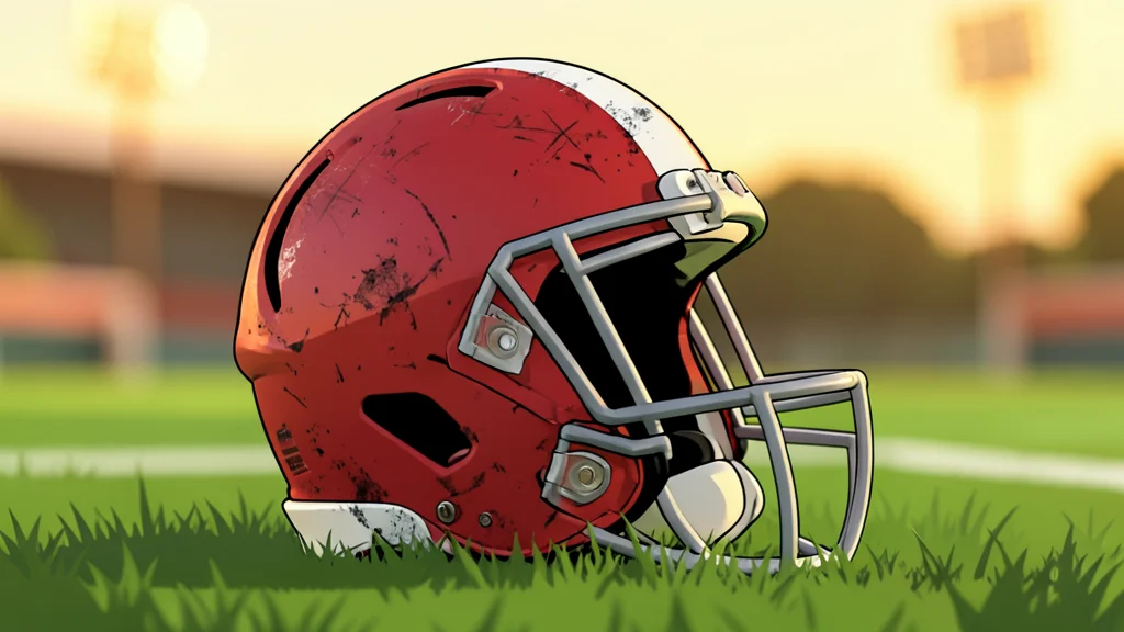A flat-vector illustration of a large, open-air stadium with green turf and white yard lines under a clear blue sky.
