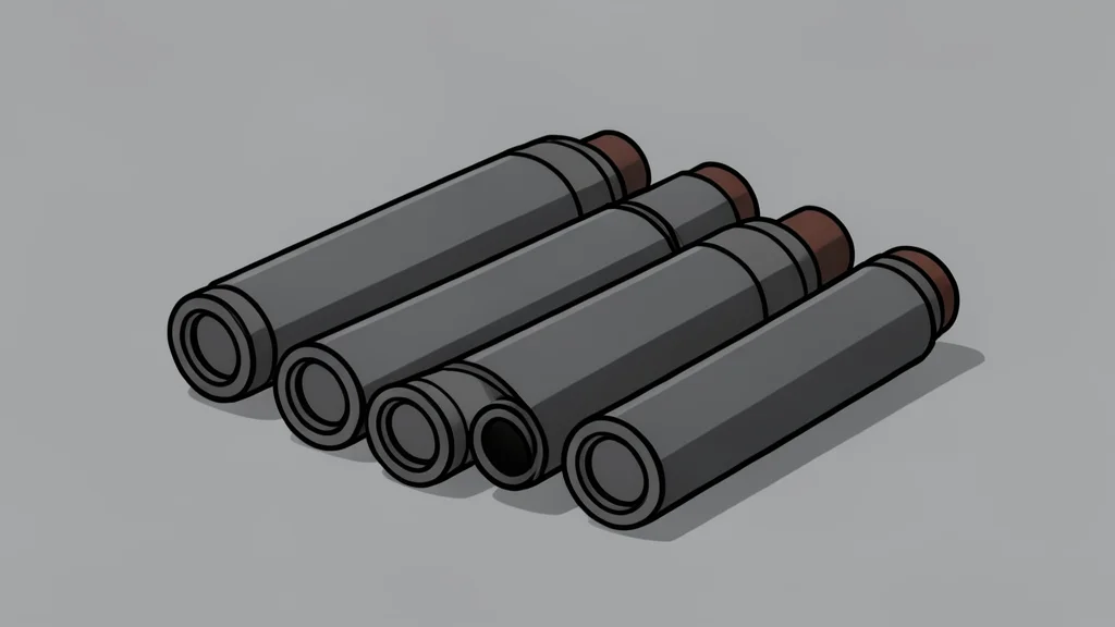 A cluster of heavy, cylindrical metal munitions resting on a concrete surface